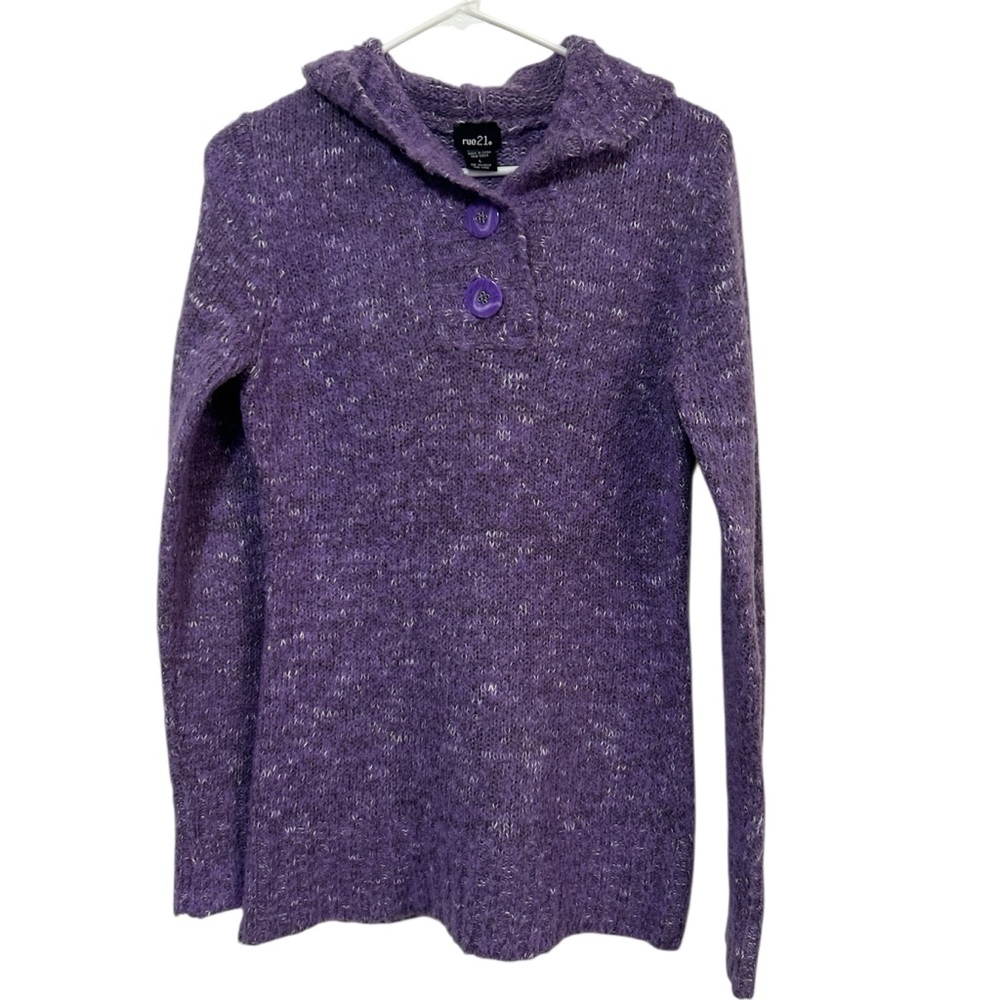 Vintage Y2K Rue21 Purple Wool Blend Hooded V-neck Button Sweater Henley Size Lg